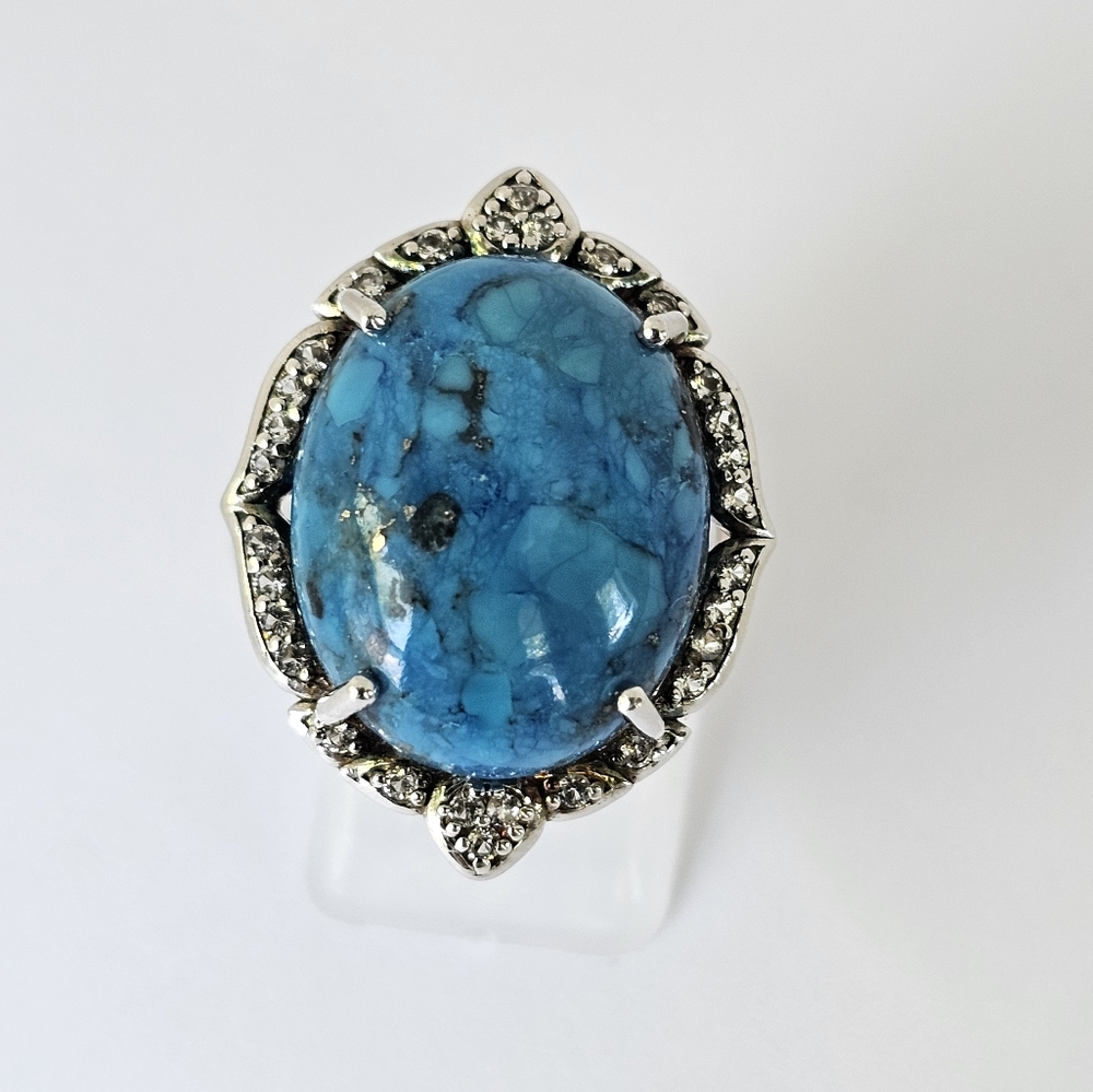 Colleen Lopez Genuine Kingman Turquoise & Diamond Ring Sterling Silver Sz 8!